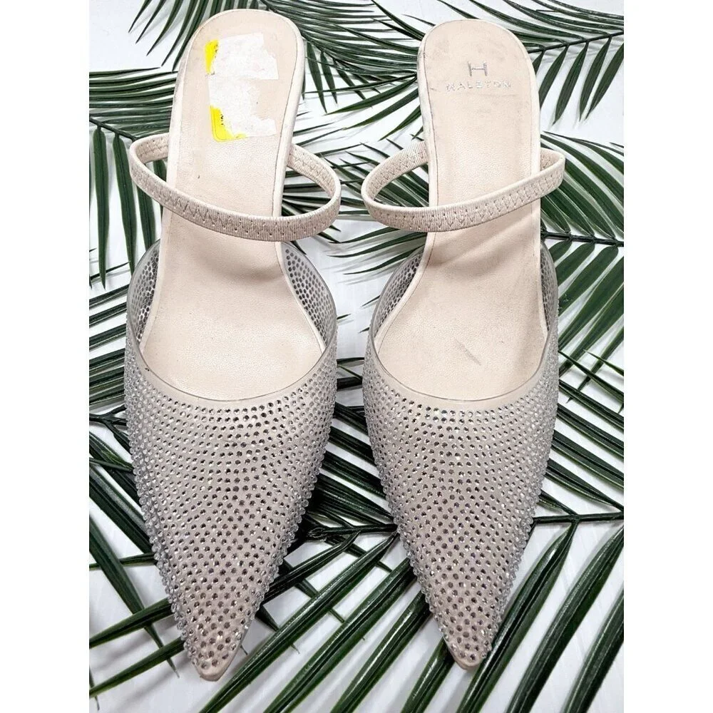 Halston Women's Gray Leather Yasmine Embellished Evening Pointed Toe Mules Sz 7